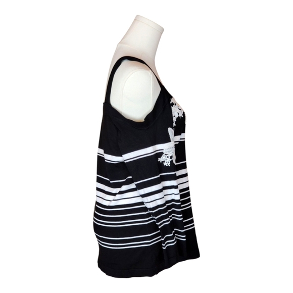 INC Cold Shoulder Striped Knit Top L Black White Lace Appliqué Chic Trendy - Picture 3 of 6